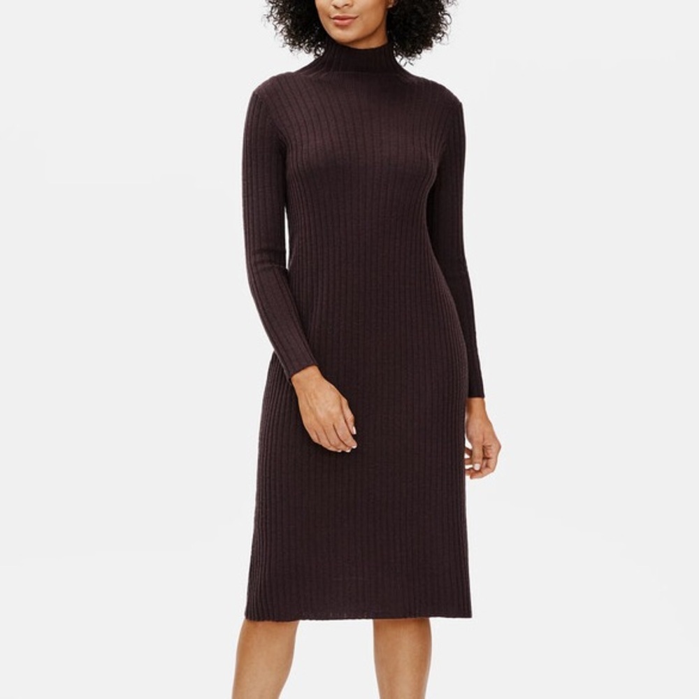 Eileen Fisher extra fine Merino wool scrunch neck midi long sleeve dress